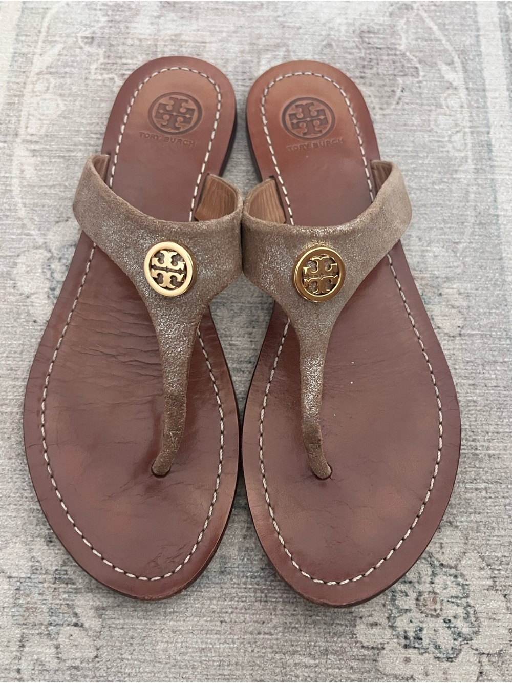 Tory Burch Metallic Suede Miller Thong Sandals with Gold Logo